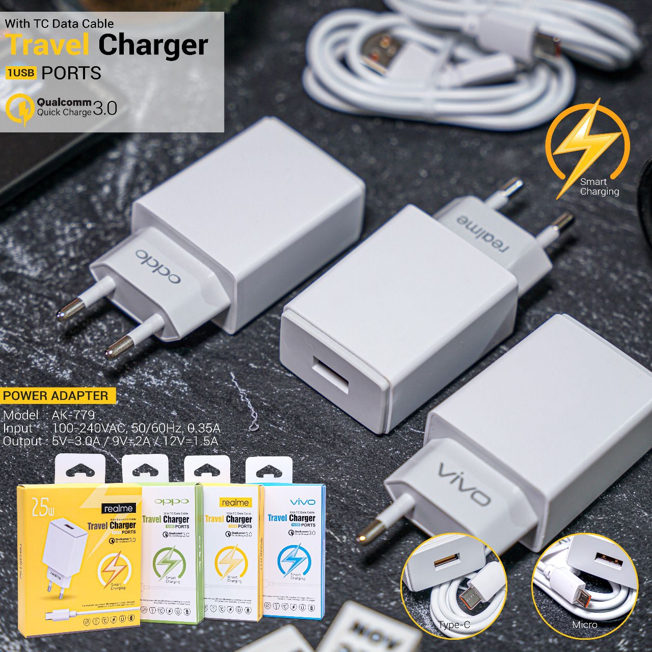 TRAVEL CHARGER BRAND MODEL AK779/0 25W MICRO USB
